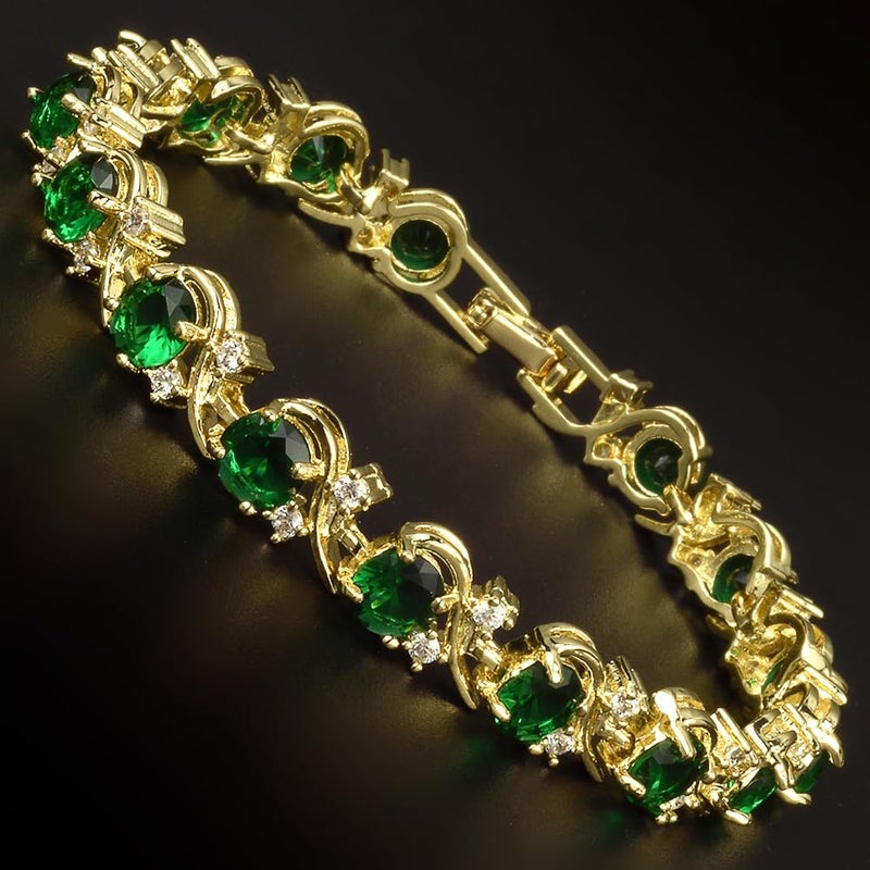 RIZILIA BLOSSOM 14K Gold Plated Green Emerald Birthstone Tennis Bracelet for Women - May 6mm Round CZ Gemstones, 7 Inch Hypoallergenic with Gift Box, Perfect Anniversary Birthday Gift - Image 2